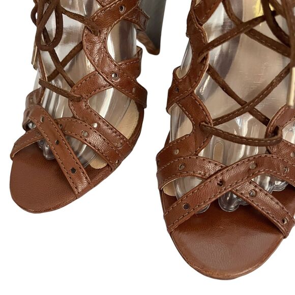 Y2K LAMB Lace Up Wedge Heels Brown Caged Leather Indie Lolita Boho Glam Open - Picture 5 of 12
